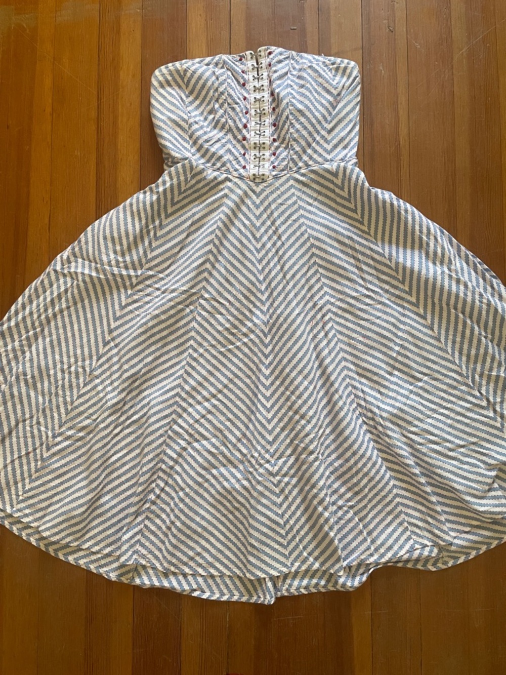 Anthropologie Maeve Cream strapless dress with Blue and Red Stitching